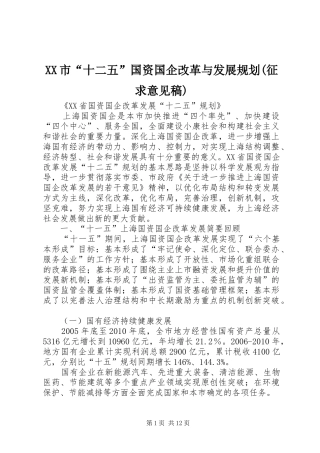 XX市“十二五”国资国企改革与发展规划(征求意见稿) 