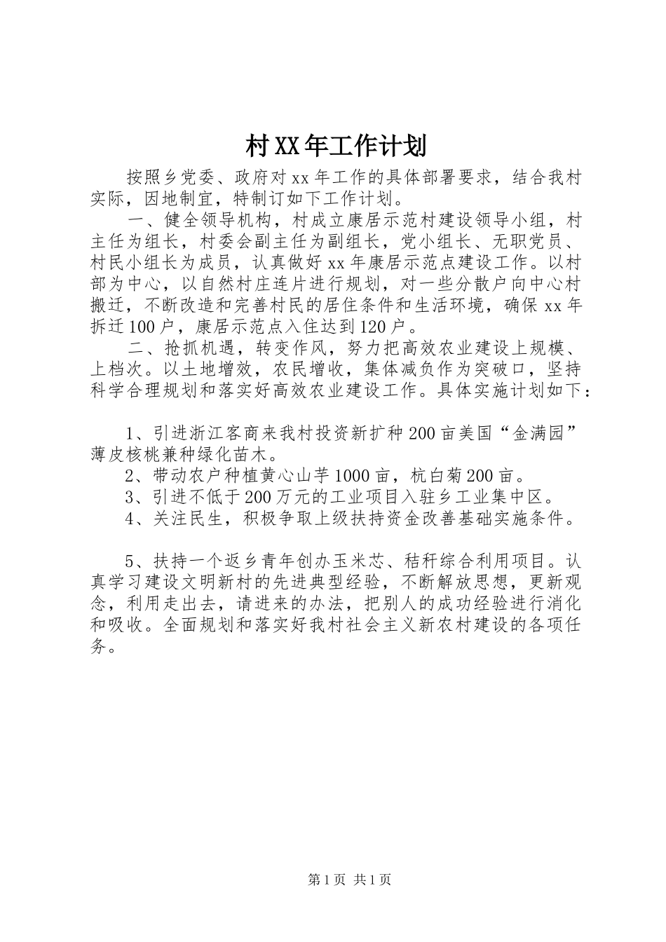 村XX年工作计划 _第1页