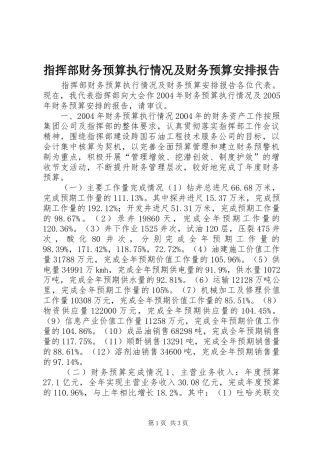 指挥部财务预算执行情况及财务预算安排报告 