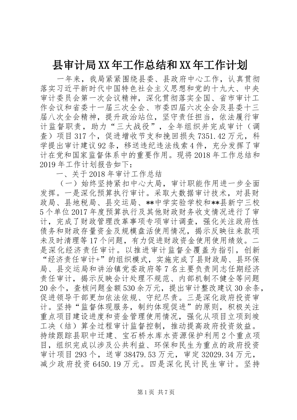 县审计局XX年工作总结和XX年工作计划 _第1页