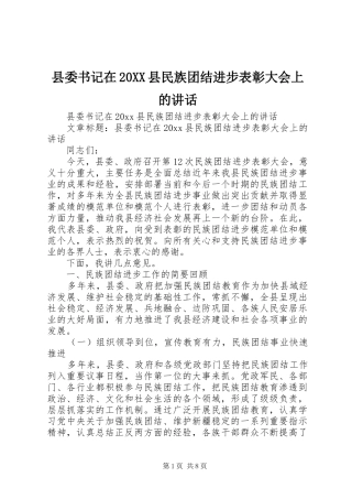 县委书记在20XX县民族团结进步表彰大会上的讲话