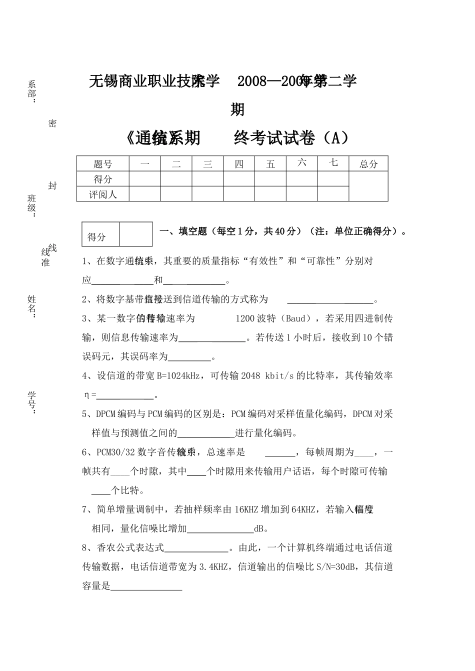 通信系统期终试卷(A卷YGH正式)_第1页