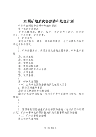 XX煤矿地质灾害预防和处理计划 