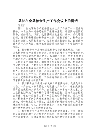 县长在全县粮食生产工作会议上的讲话