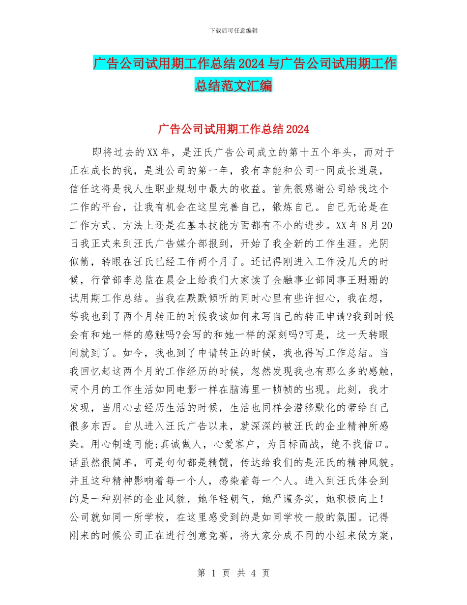 广告公司试用期工作总结2024与广告公司试用期工作总结范文汇编_第1页