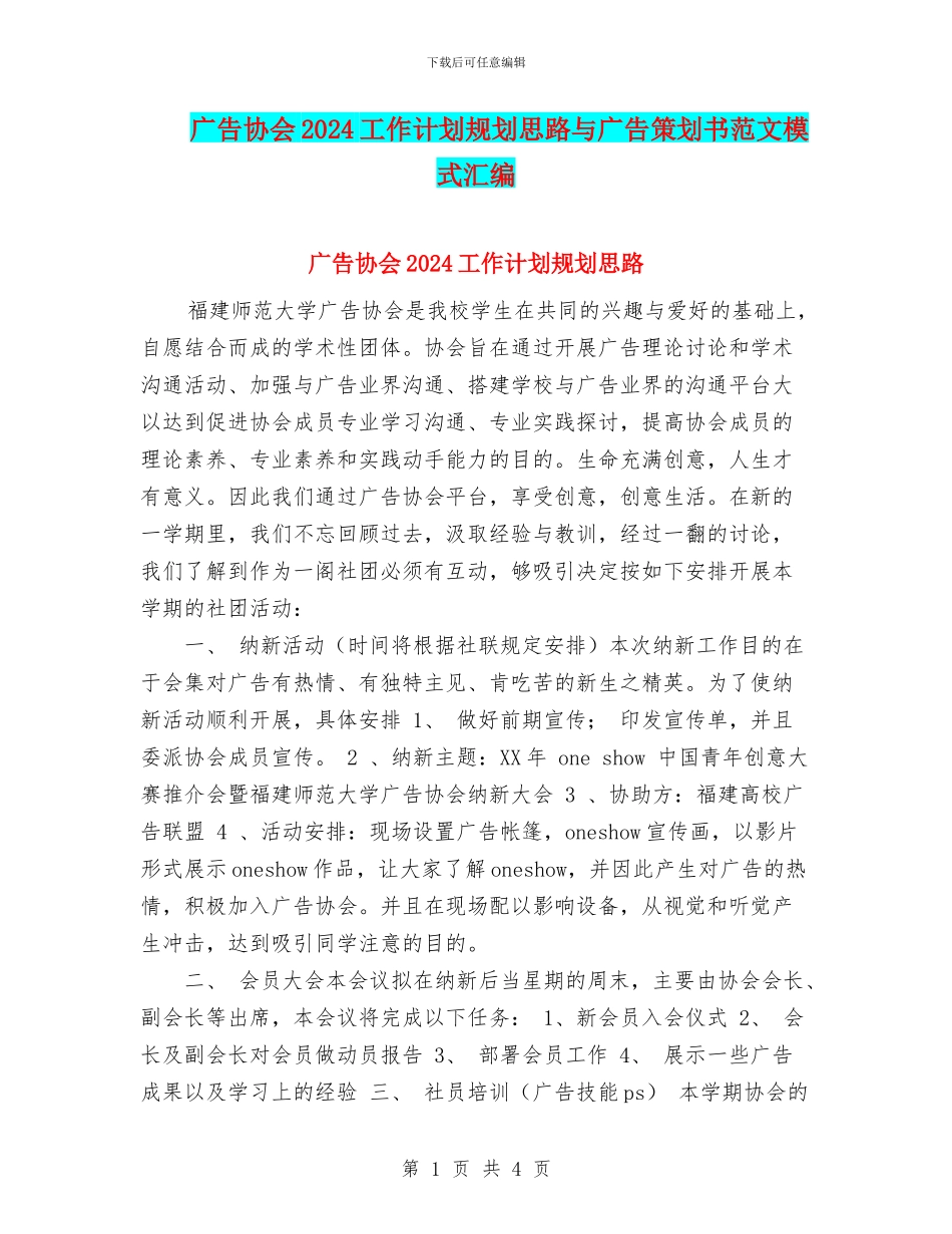 广告协会2024工作计划规划思路与广告策划书范文模式汇编_第1页