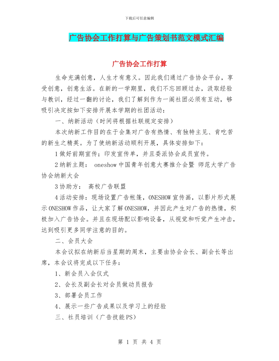 广告协会工作打算与广告策划书范文模式汇编_第1页