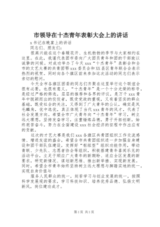 市领导在十杰青年表彰大会上的讲话