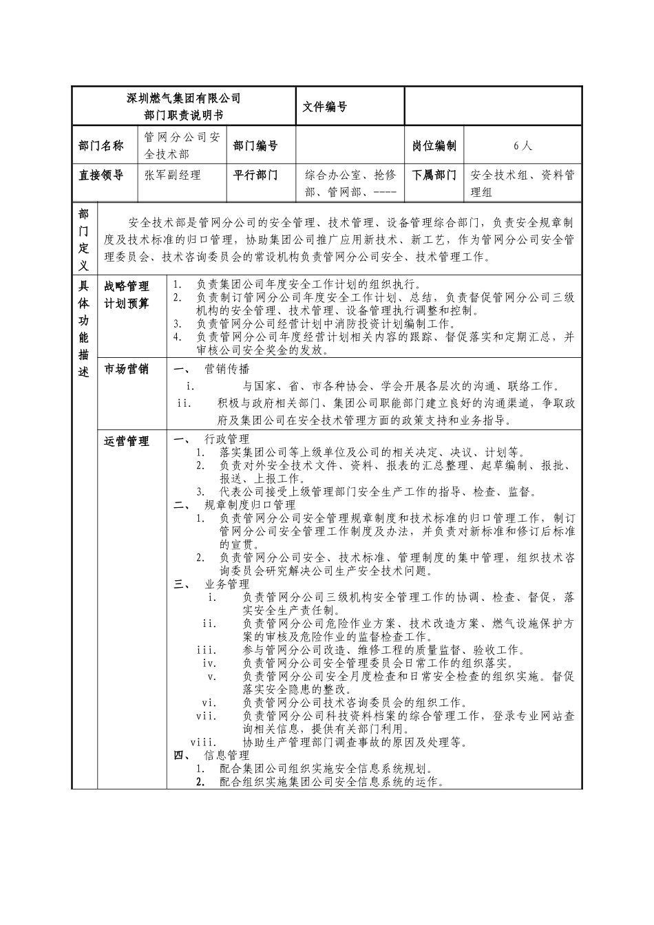 某燃气集团管网分公司安全技术部职责说明书_第1页