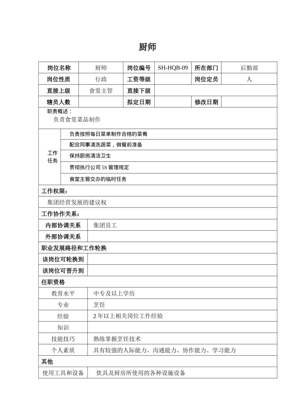某汽车集团后勤部厨师岗位说明书_第1页
