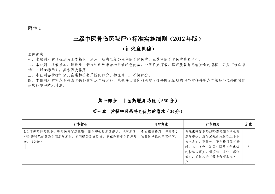 三级中医骨伤医院评审标准实施细则(XXXX年版)(征求意见_第1页