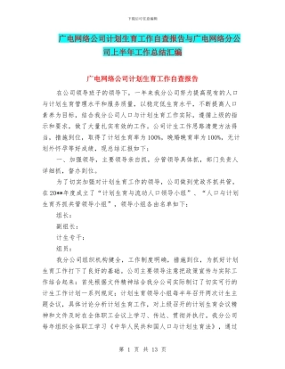 广电网络公司计划生育工作自查报告与广电网络分公司上半年工作总结汇编