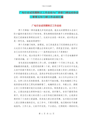 广电行业试用期转正工作总结与广西省门球运动协会二零零五年门球工作总结汇编