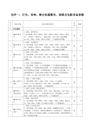 包件一灯光、音响、舞台机械幕布、座椅及电影设备参数