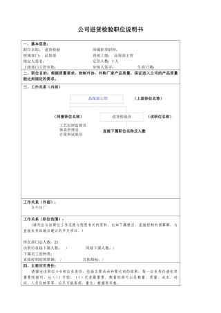 某大型汽车零部件公司品保部进货检验职位说明书