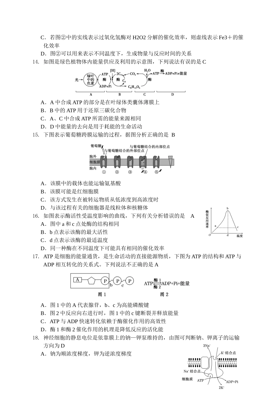 细胞的跨膜运输、酶及ATP测试题_第3页