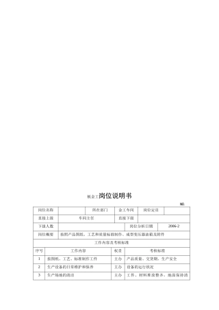 电力集团某大型配件配套企业板金工岗位说明书