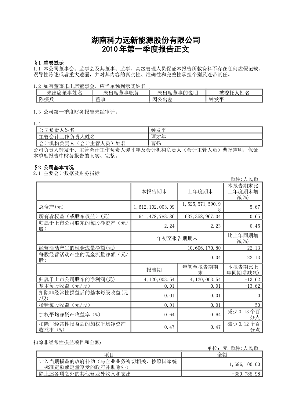 湖南科力远新能源股份有限公司XXXX年第一季度报告正文-_第1页