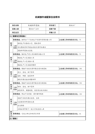 仪器生产企业机械部件装配职位说明书