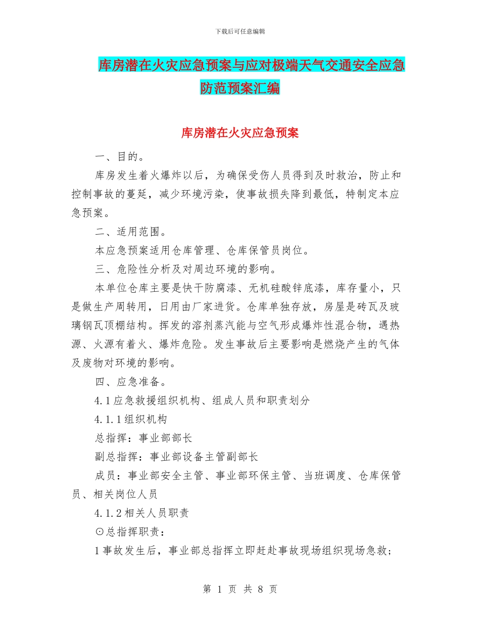 库房潜在火灾应急预案与应对极端天气交通安全应急防范预案汇编_第1页