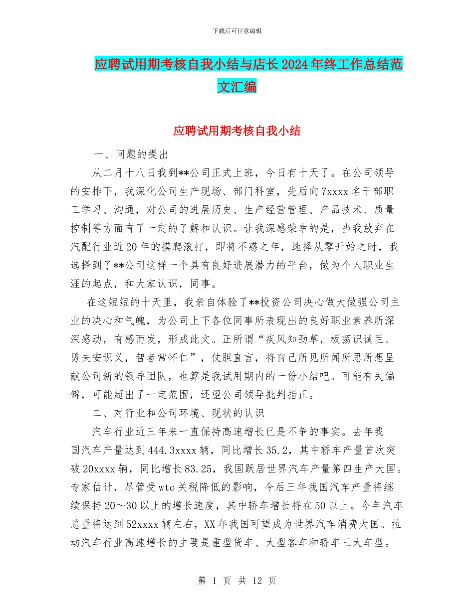 应聘试用期考核自我小结与店长2024年终工作总结范文汇编_第1页