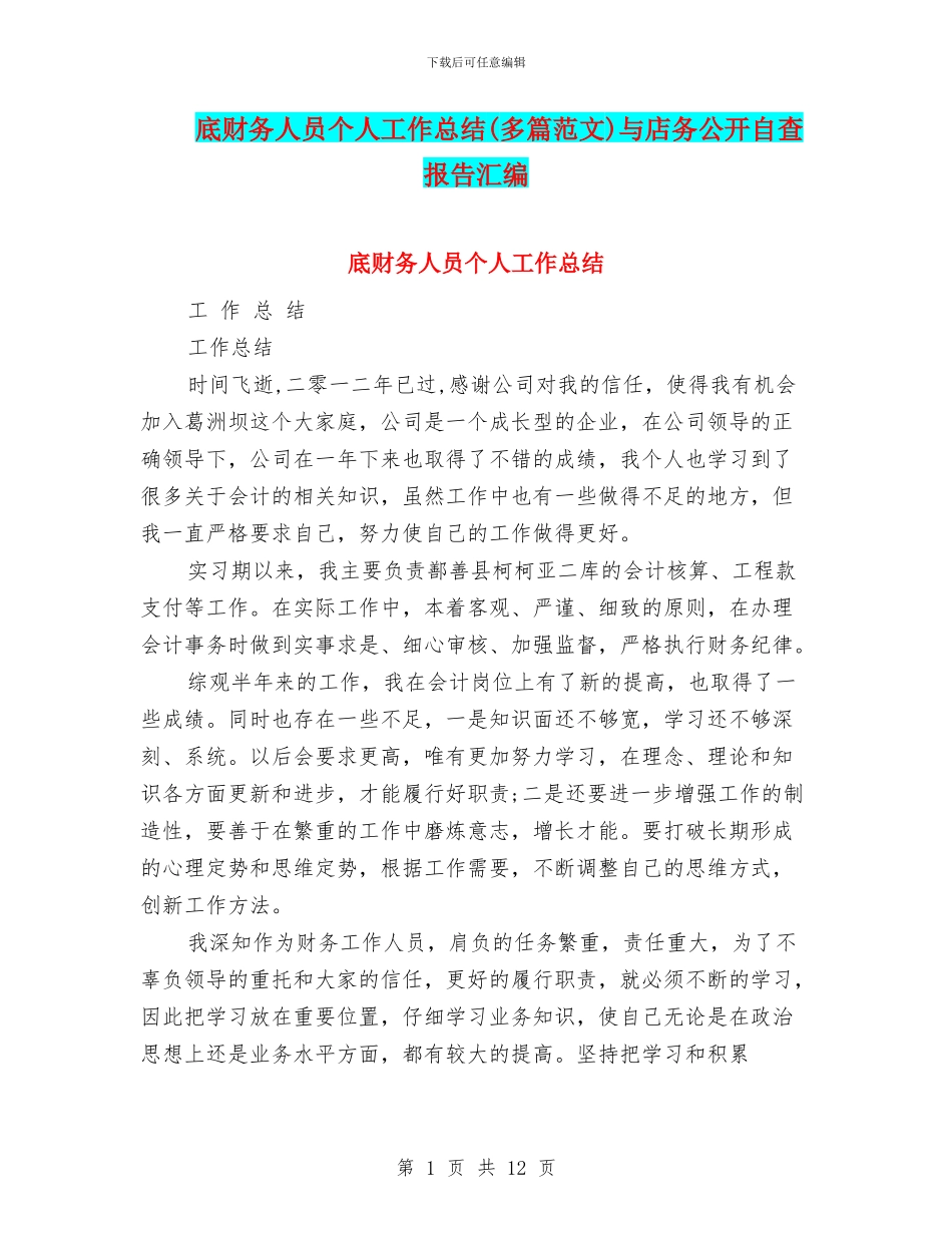 底财务人员个人工作总结与店务公开自查报告汇编_第1页