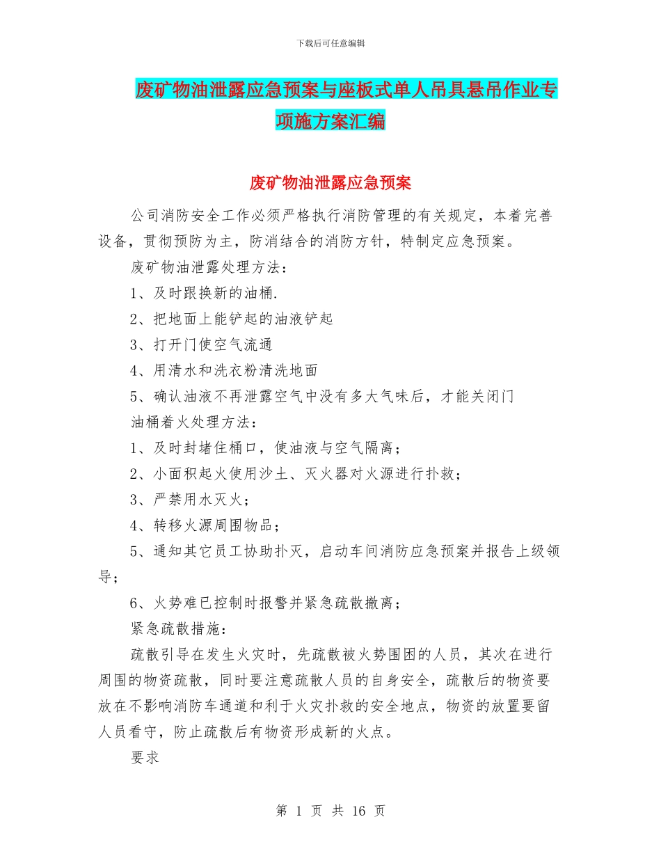 废矿物油泄露应急预案与座板式单人吊具悬吊作业专项施方案汇编_第1页