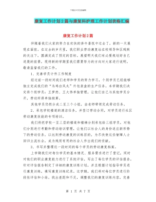 康复工作计划2篇与康复科护理工作计划表格汇编