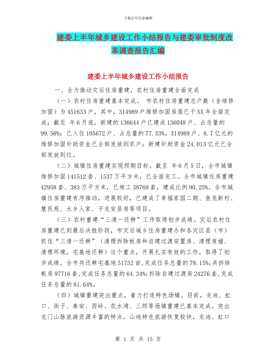建委上半年城乡建设工作小结报告与建委审批制度改革调查报告汇编_第1页