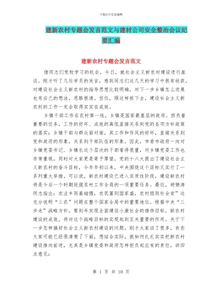 建新农村专题会发言范文与建材公司安全整治会议纪要汇编