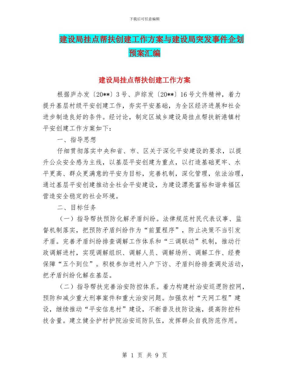 建设局挂点帮扶创建工作方案与建设局突发事件企划预案汇编_第1页