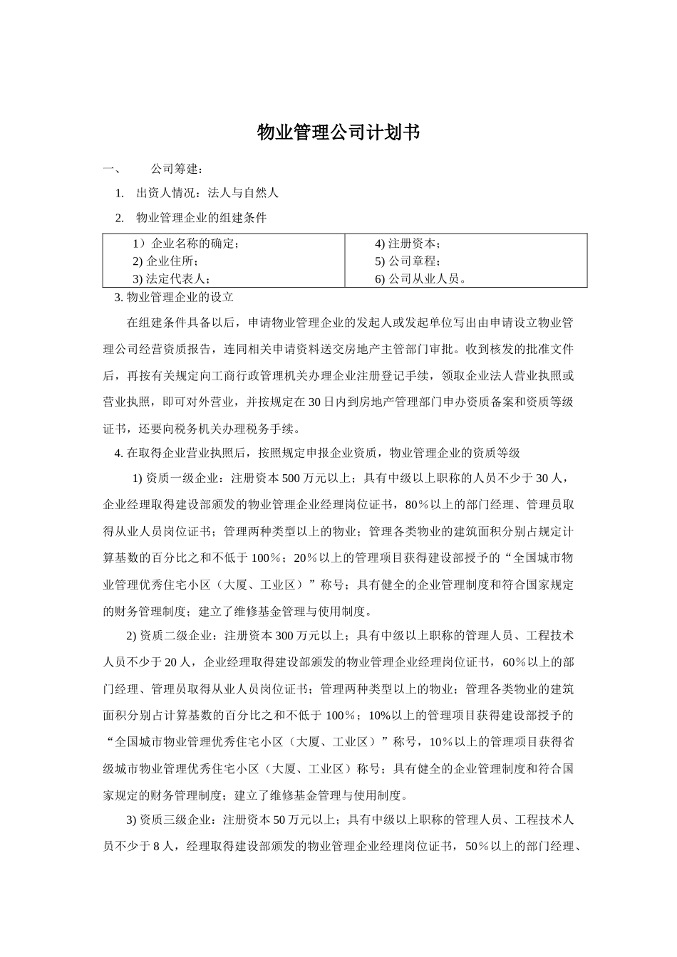 物业管理公司计划书公司筹建：出资人情况：法人与自然人物_第1页