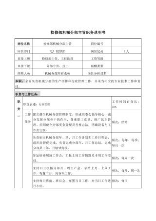 检修机械主管岗位说明书