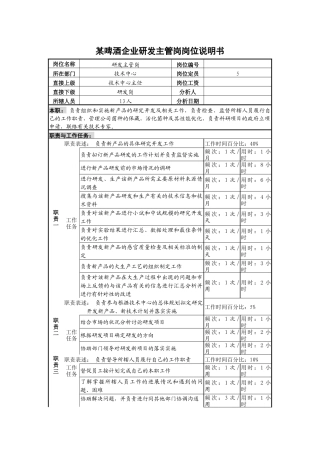 某啤酒企业研发主管岗岗位说明书