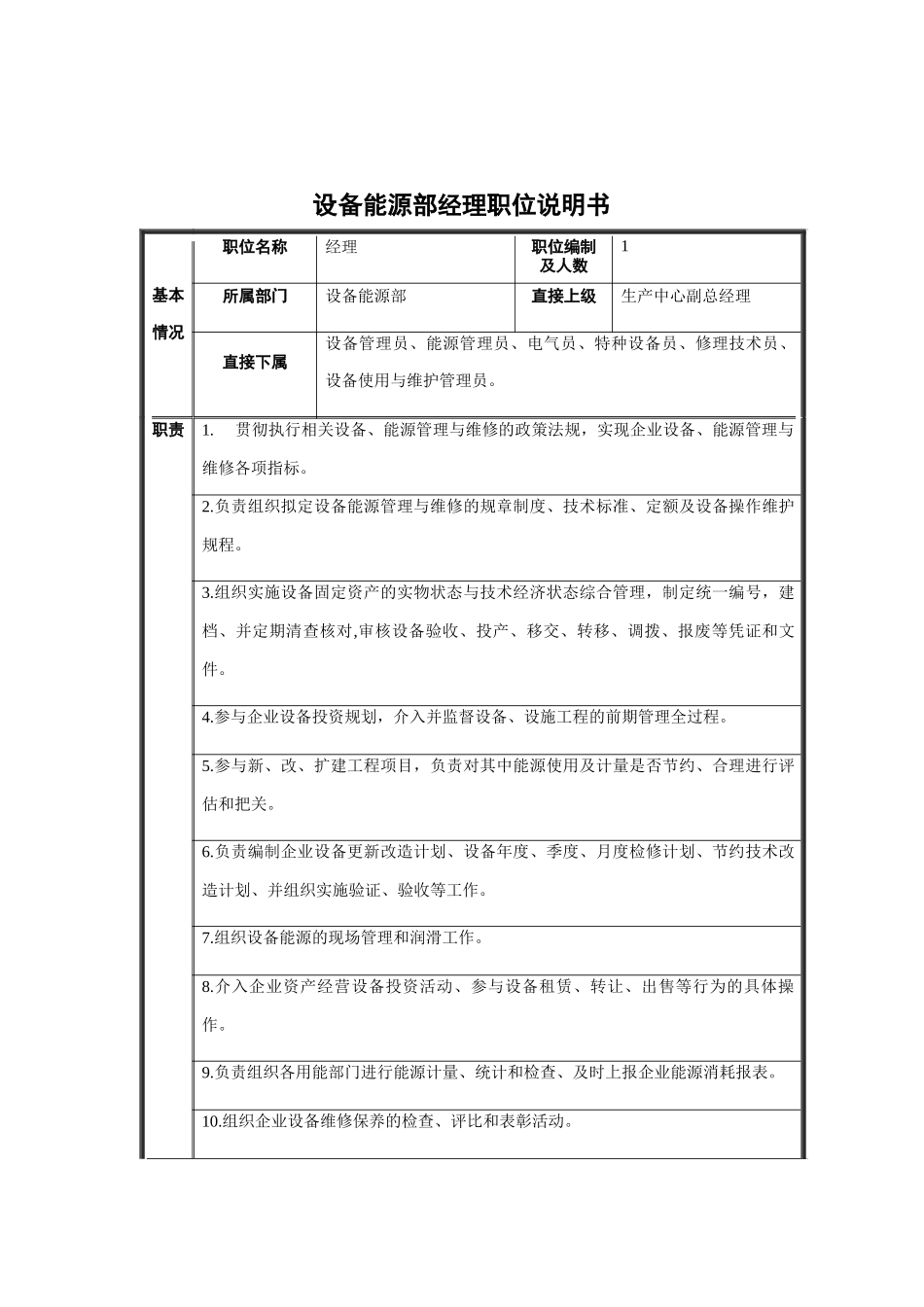 设备能源部经理职位说明书_第1页