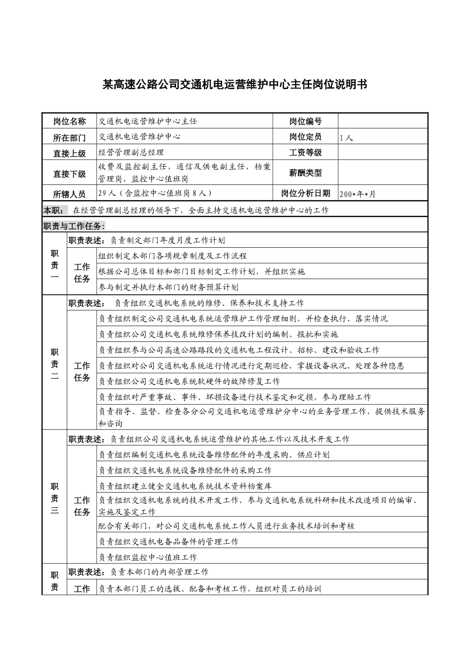 某高速公路公司交通机电运营维护中心主任岗位说明书_第1页