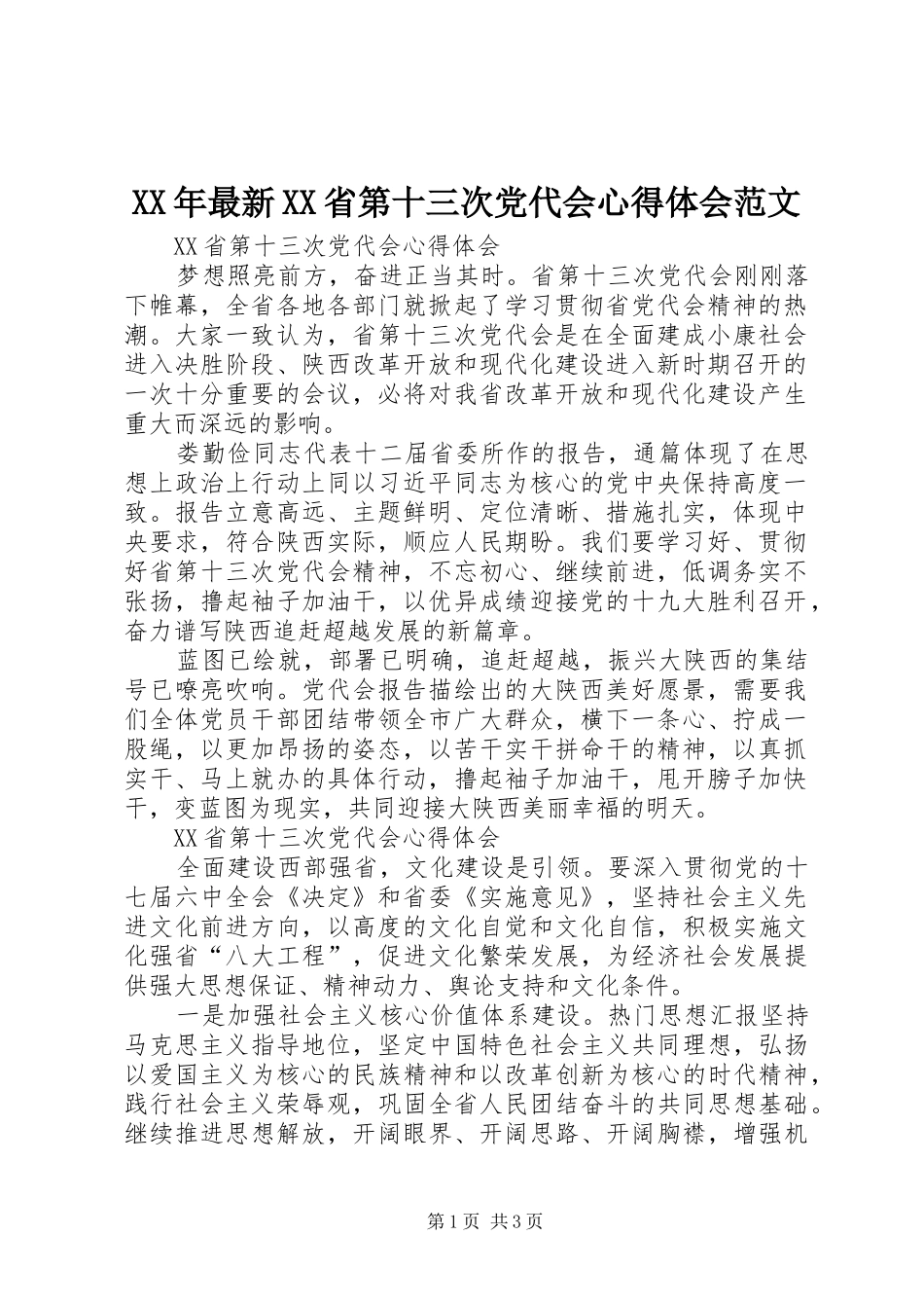 XX年最新XX省第十三次党代会心得体会范文_第1页