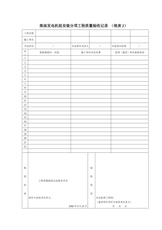 柴油发电机组安装分项工程质量验收记录
