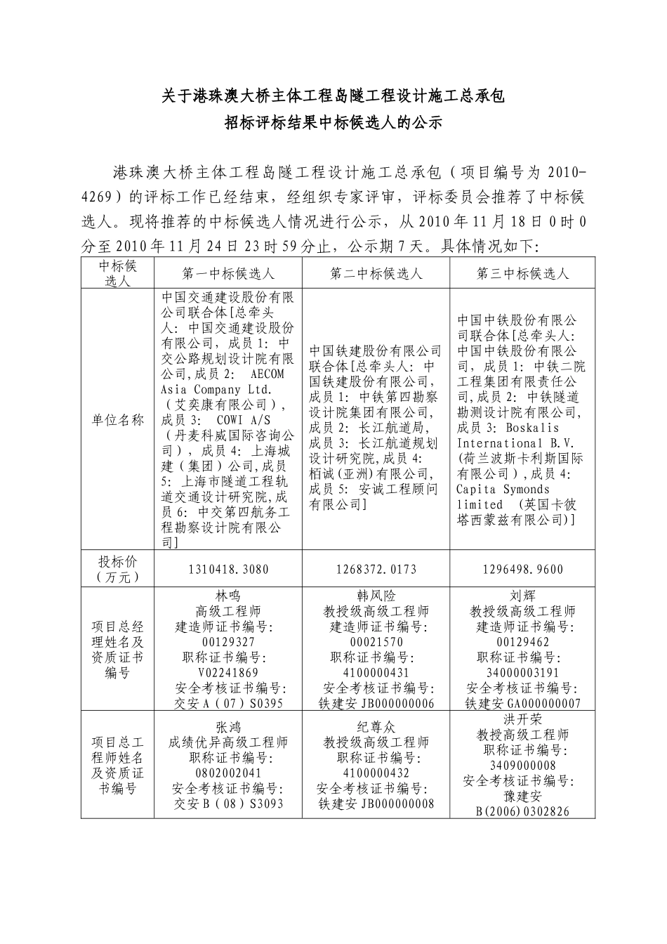 关于港珠澳大桥主体工程岛隧工程设计施工总承包_第1页