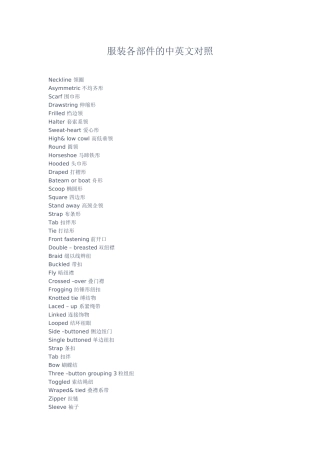 服装各部件的中英文对照