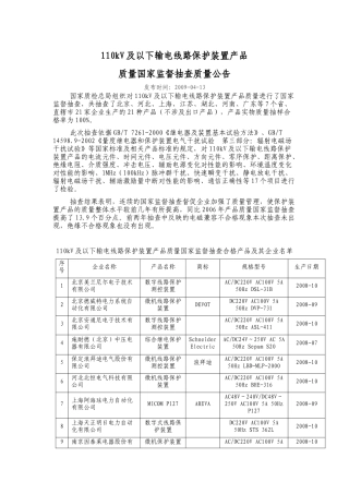 110kV及以下输电线路保护装置产品质量国家监督抽查质量公告