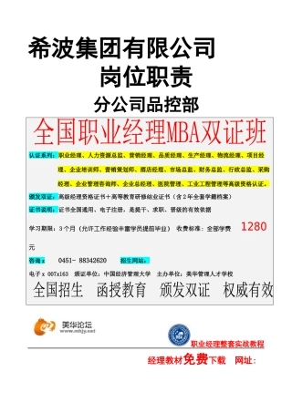 分公司品控部岗位职责说明