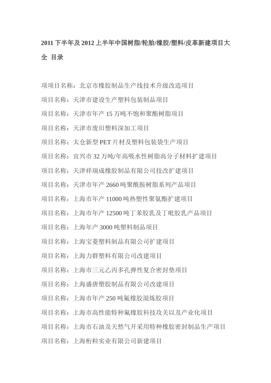 XXXX下半年及XXXX上半年中国树脂轮胎橡胶塑料皮革新建项目大全_第1页