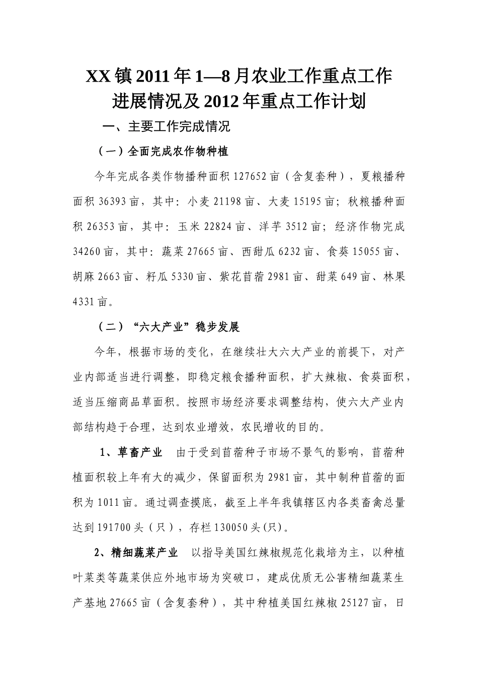 XX镇农业XXXX年重点工作进展情况_第1页