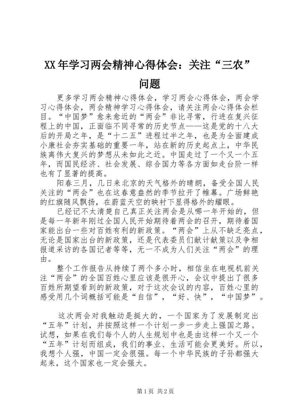 XX年学习两会精神心得体会：关注“三农”问题_第1页