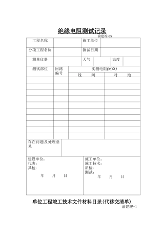 绝缘电阻测试记录表格
