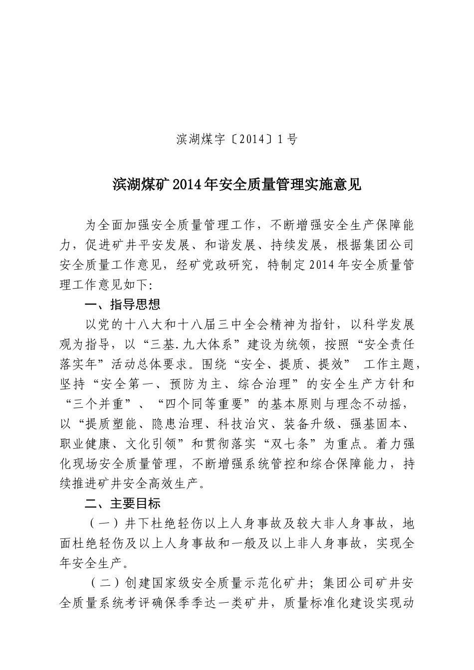 1号文滨湖煤矿X年安全质量管理实施意见_第1页