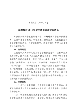 1号文滨湖煤矿X年安全质量管理实施意见