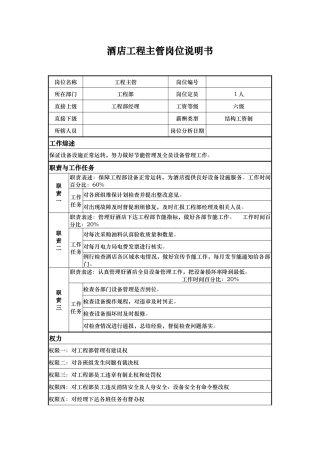 酒店工程主管岗位说明书