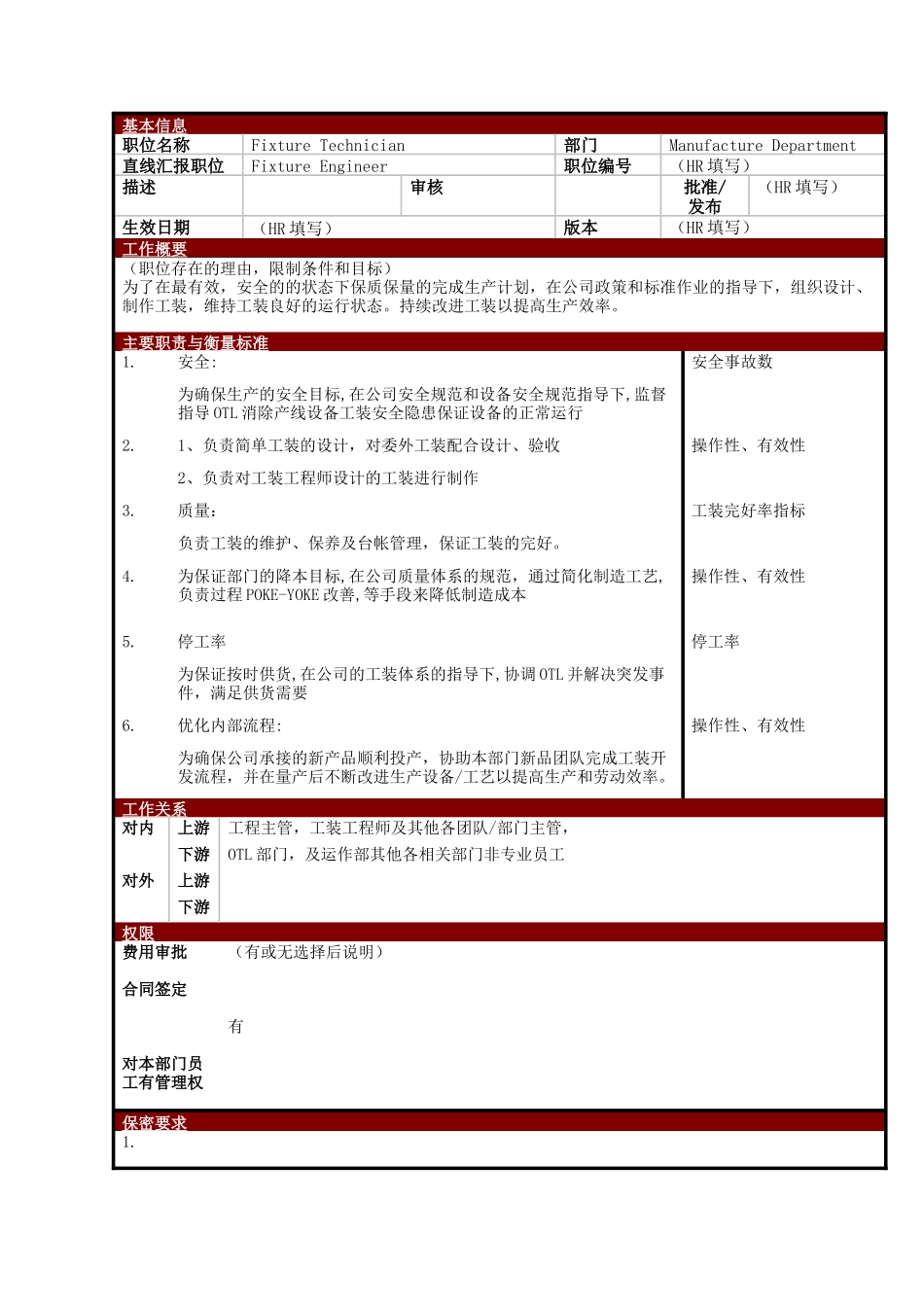 某大型电子公司制造部工装技术员职位说明书_第1页